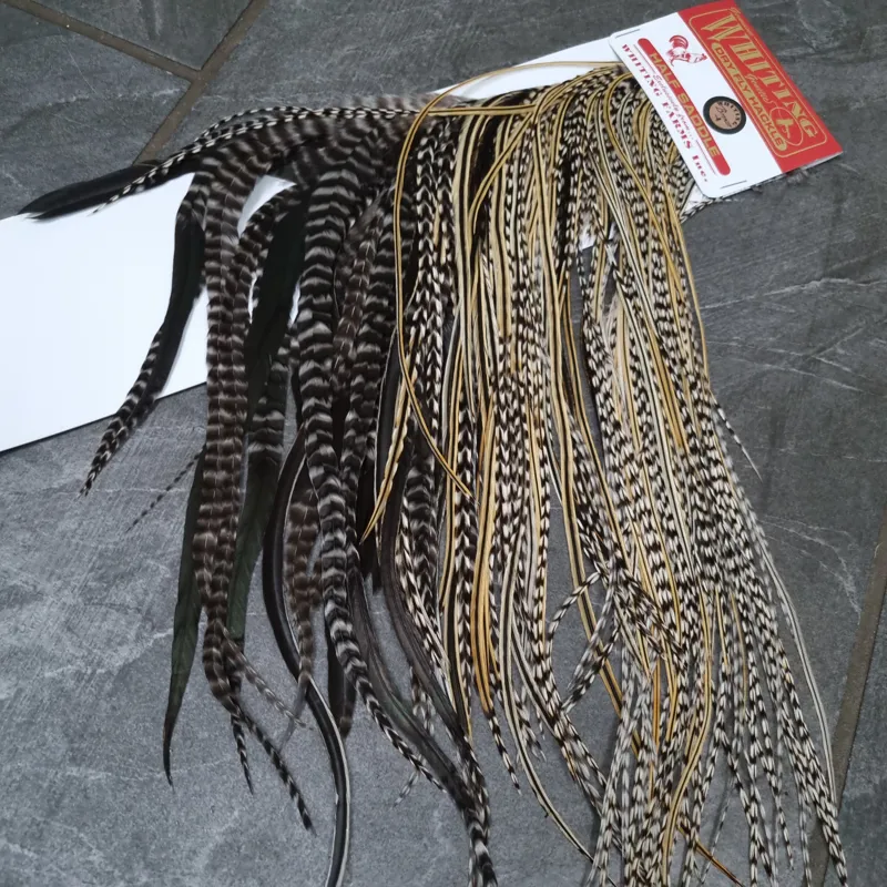 Whiting 1/2 BRONZE Grade Dry Fly Rooster Saddle in Grizzly Variant-1